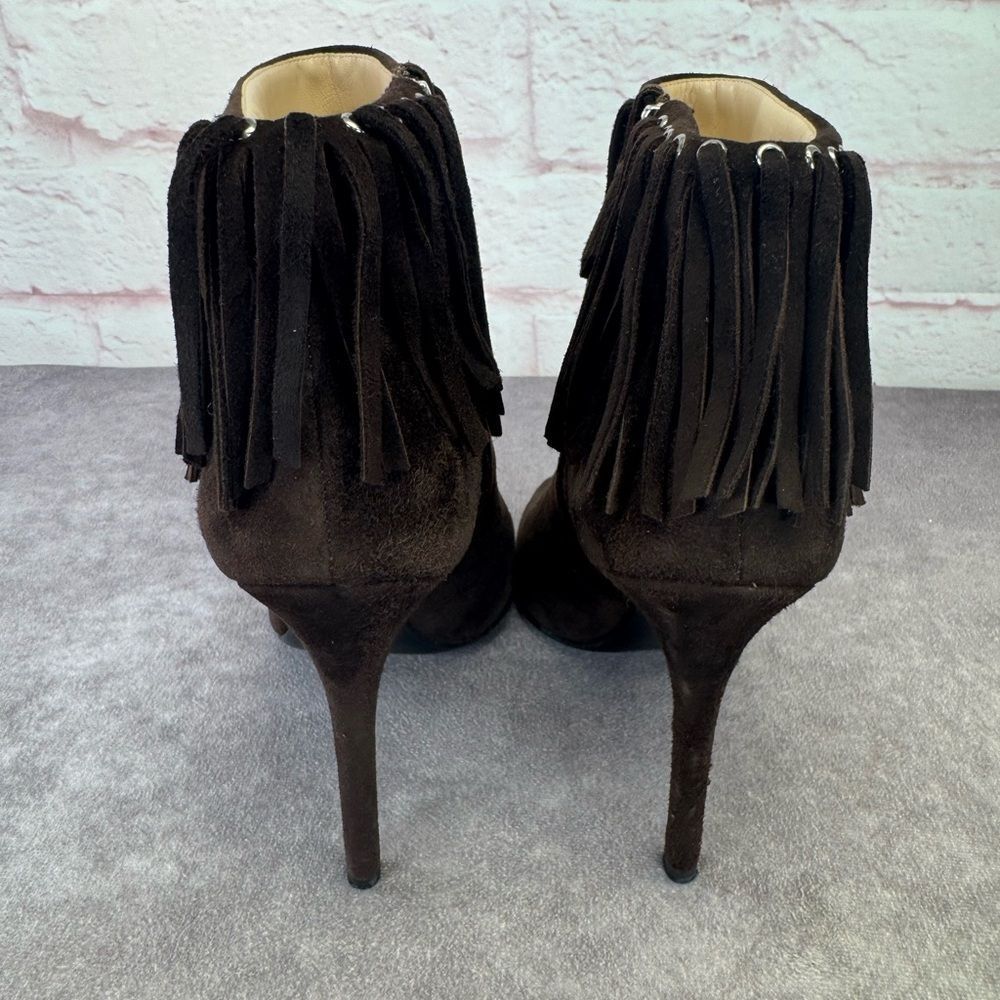 Prada Brown Fringe Peep-Toe Suede Heeled Boots Booties 37.5 - Picture 4 of 9